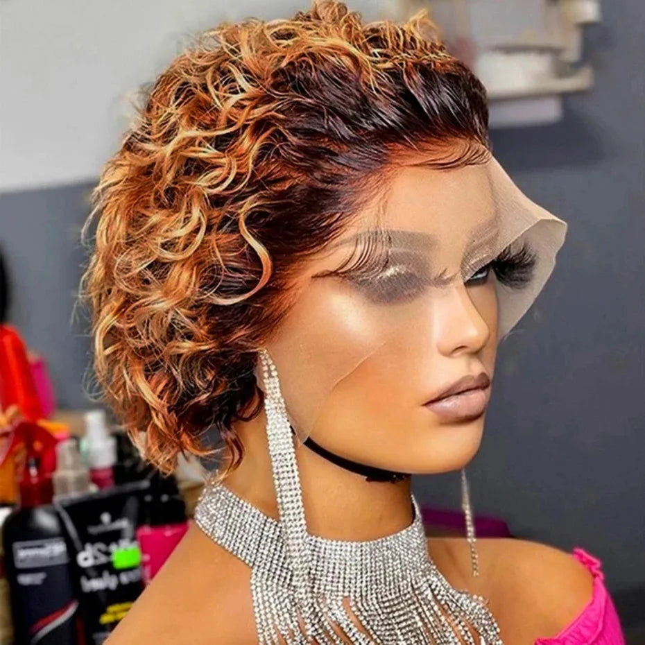 Curly Brazilian Deep Water Wave Short Human Hair Wigs 13X1 Pixie Cut Curly Lace Wigs