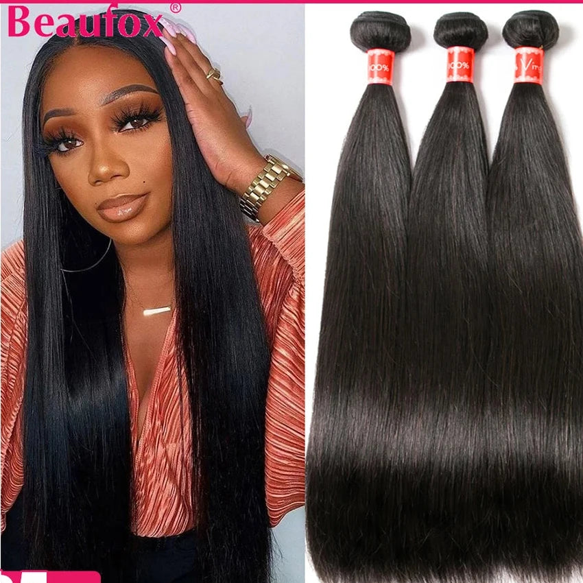 Beaufox Peruvian Hair Bundles Straight Human Hair Weave Bundles Remy Hair Extension Natural Black 1/3/4 Pcs 8-30 Inches