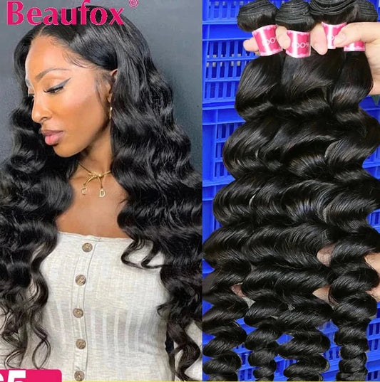 Beaufox 32 Inch Human Hair Bundles Loose Wave Bundles Indian Hair Weave Bundles 1/3/4 PCS Human Hair Extensions Natural Black