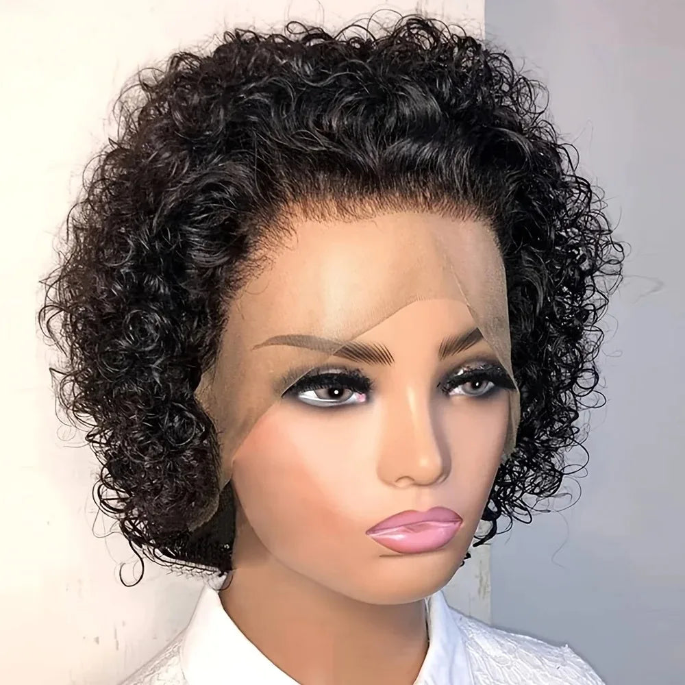 Curly Brazilian Deep Water Wave Short Human Hair Wigs  13X1 Pixie Cut Curly Lace Wigs