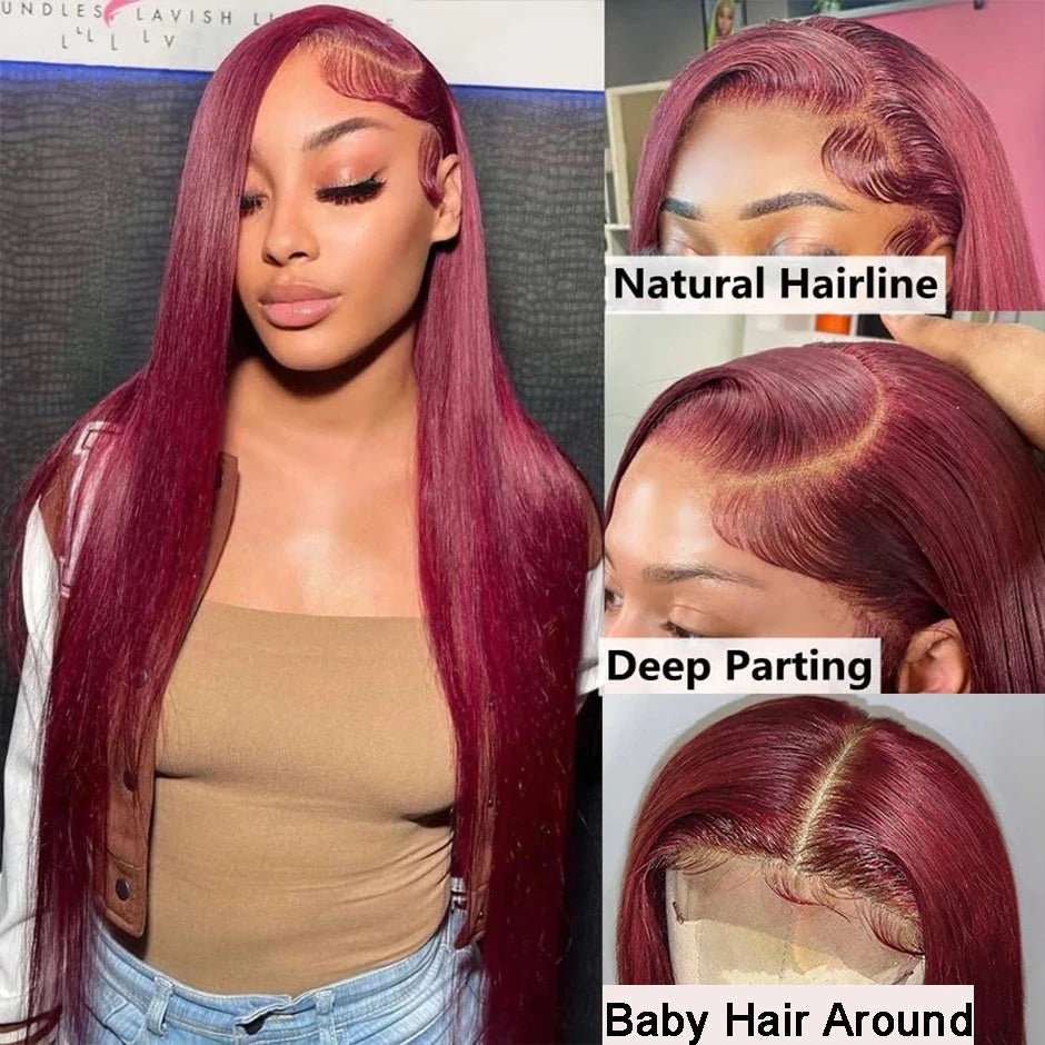 Human Hair Wigs Brazilian Colored 30 40 Inch Straight Red Lace Front Wigs Human Hair 250 Density 99J Burgundy 13x6 Lace Frontal