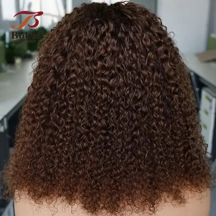 Brown Glueless Lace Front 100% Human Hair Jerry Curl Wig 4x4 Pre-Cut Ready to Wear Go Transparent Lace