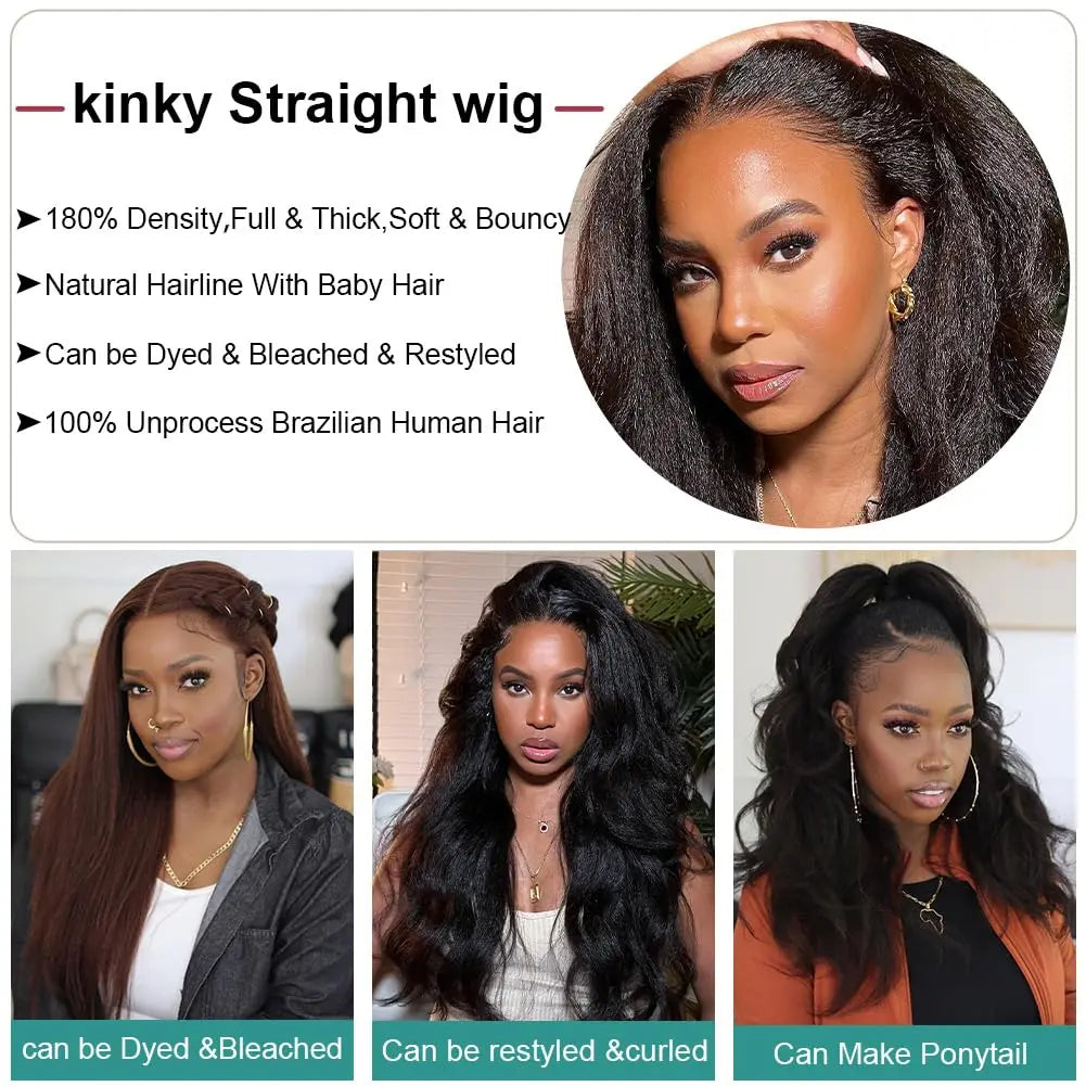 Kinky Straight Lace Front Wig Human Hair HD Transparent Lace Frontal Wigs Remy Human Hair Glueless Lace Part Wigs for Women