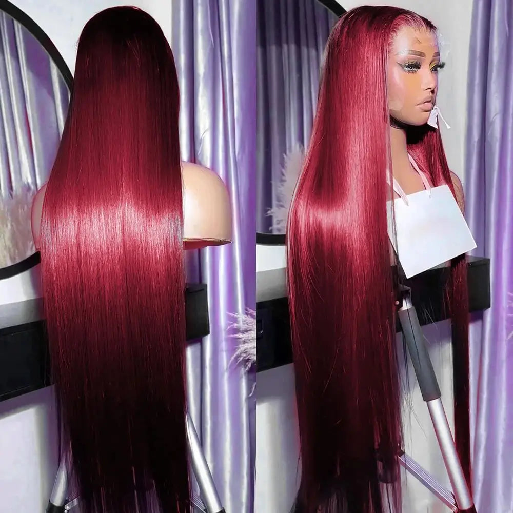 Human Hair Wigs Brazilian Colored 30 40 Inch Straight Red Lace Front Wigs Human Hair 250 Density 99J Burgundy 13x6 Lace Frontal