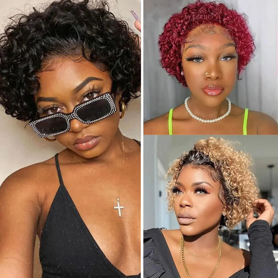 Curly Brazilian Deep Water Wave Short Human Hair Wigs  13X1 Pixie Cut Curly Lace Wigs