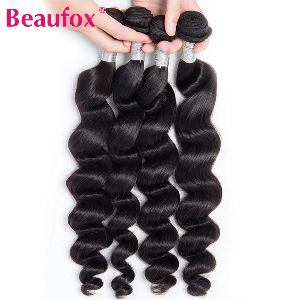Beaufox 32 Inch Human Hair Bundles Loose Wave Bundles Indian Hair Weave Bundles 1/3/4 PCS Human Hair Extensions Natural Black