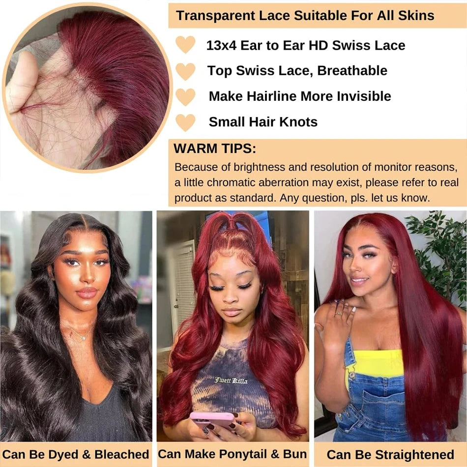 Human Hair Wigs Transparent Colored Body Wave Red Lace Front Wig 4x4 5x5 Closure Wig 99j Burgundy 13x6 Hd Lace Frontal
