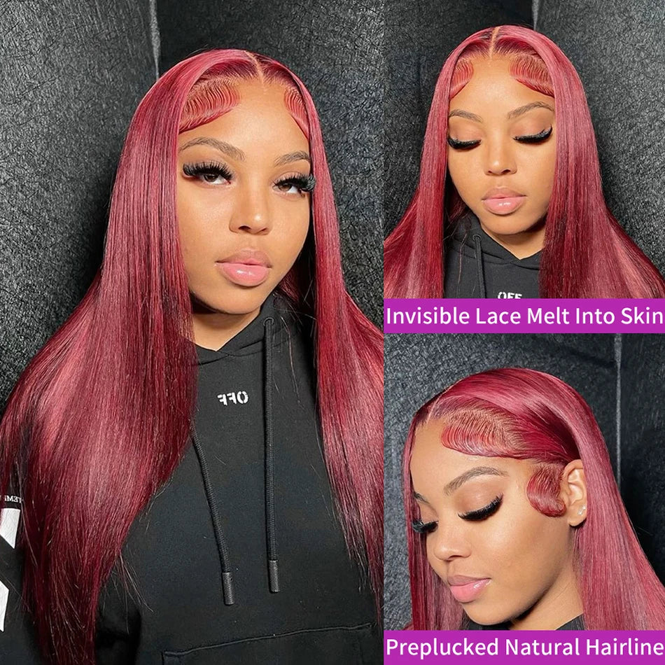 Human Hair Wigs Brazilian Colored 30 40 Inch Straight Red Lace Front Wigs Human Hair 250 Density 99J Burgundy 13x6 Lace Frontal