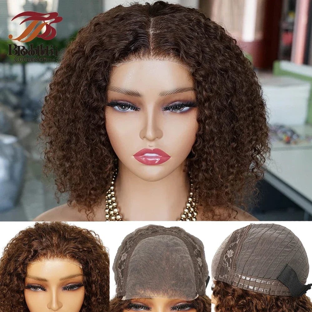 Brown Glueless Lace Front 100% Human Hair Jerry Curl Wig 4x4 Pre-Cut Ready to Wear Go Transparent Lace