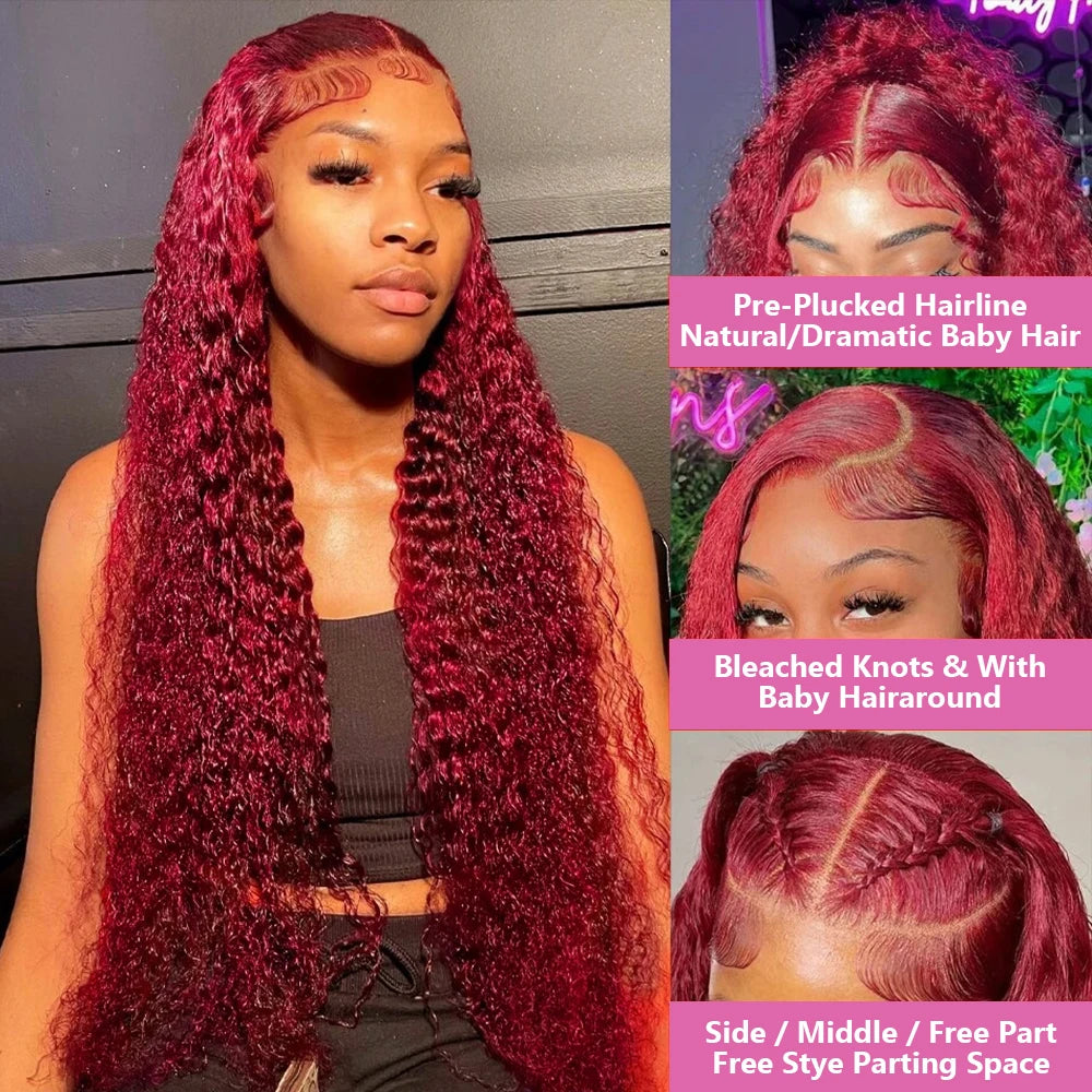 300% Burgundy Water Deep Wave 13x6 HD Lace Frontal Wig Human Hair Curly Red 99J Color Lace Front Human Hair Wigs 200 250 Density