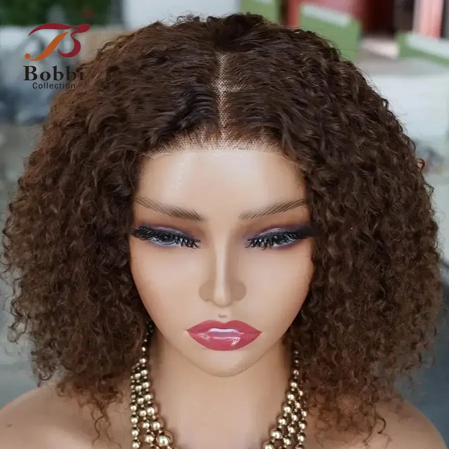 Brown Glueless Lace Front 100% Human Hair Jerry Curl Wig 4x4 Pre-Cut Ready to Wear Go Transparent Lace