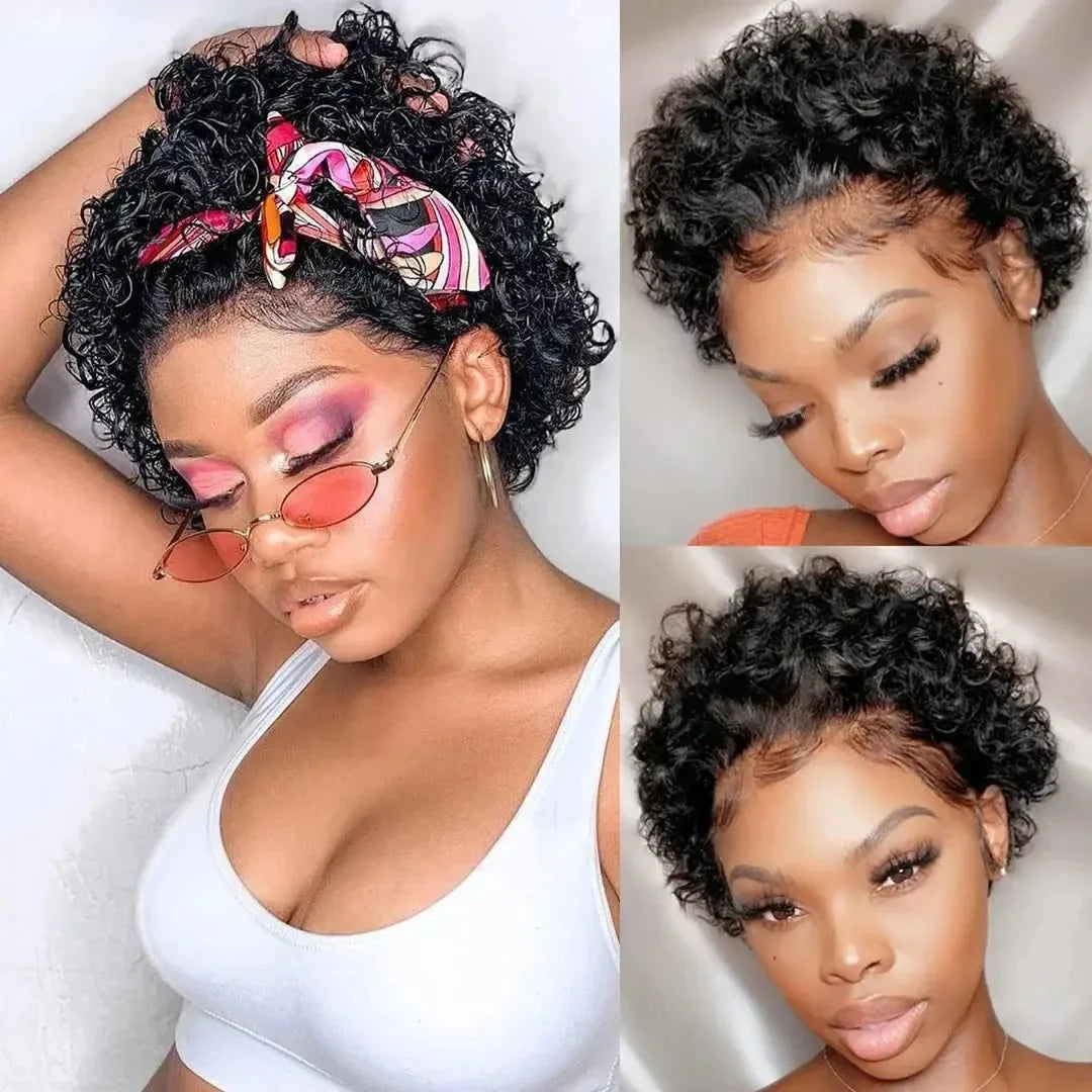 Curly Brazilian Deep Water Wave Short Human Hair Wigs  13X1 Pixie Cut Curly Lace Wigs