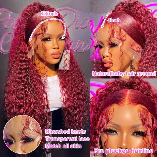 300% Burgundy Water Deep Wave 13x6 HD Lace Frontal Wig Human Hair Curly Red 99J Color Lace Front Human Hair Wigs 200 250 Density