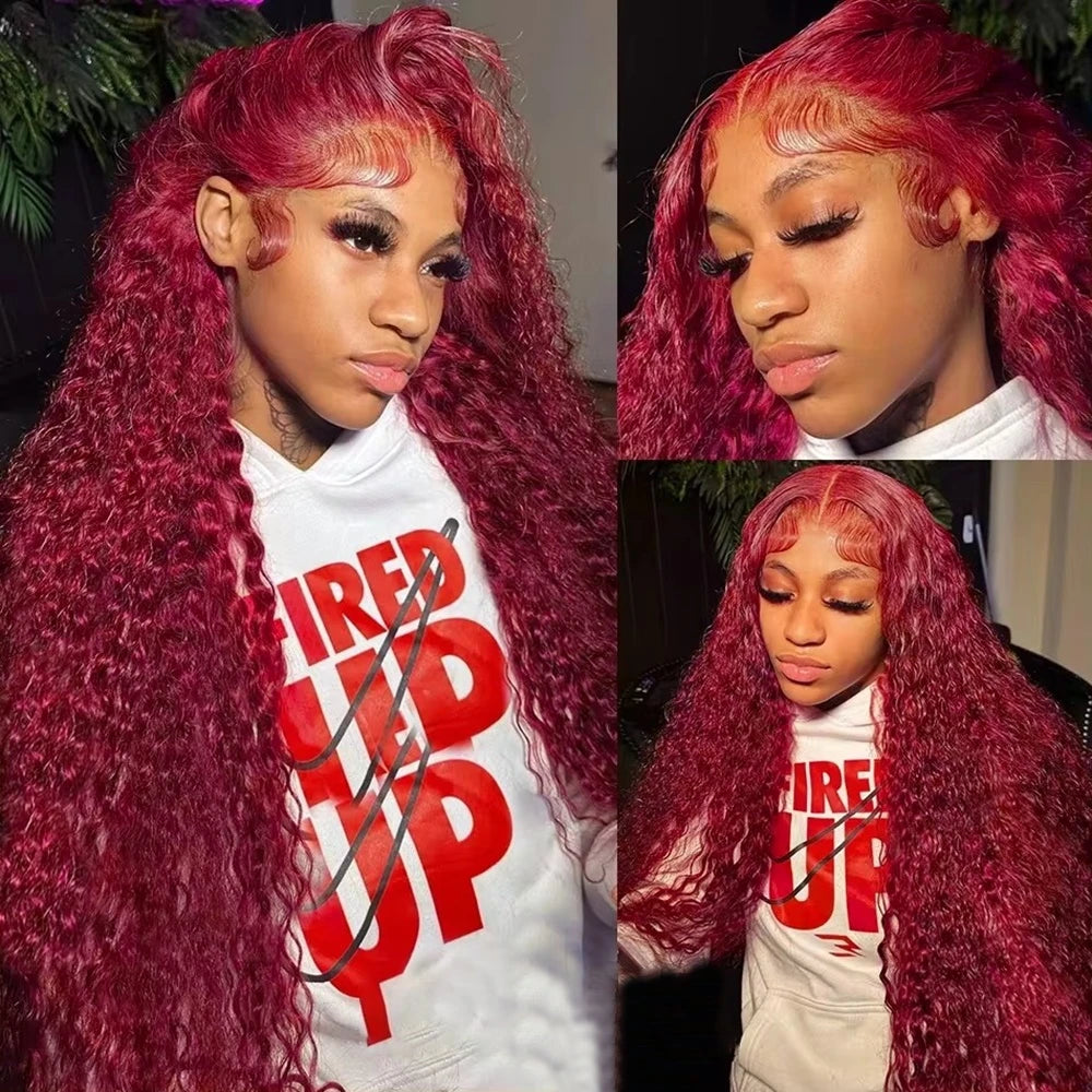 300% Burgundy Water Deep Wave 13x6 HD Lace Frontal Wig Human Hair Curly Red 99J Color Lace Front Human Hair Wigs 200 250 Density