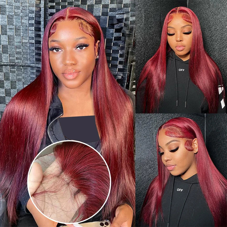 Human Hair Wigs Brazilian Colored 30 40 Inch Straight Red Lace Front Wigs Human Hair 250 Density 99J Burgundy 13x6 Lace Frontal