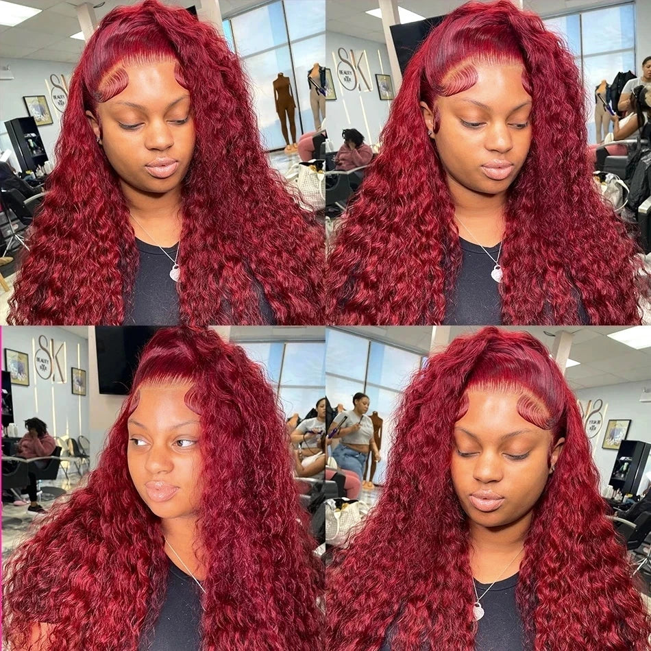 300% Burgundy Water Deep Wave 13x6 HD Lace Frontal Wig Human Hair Curly Red 99J Color Lace Front Human Hair Wigs 200 250 Density