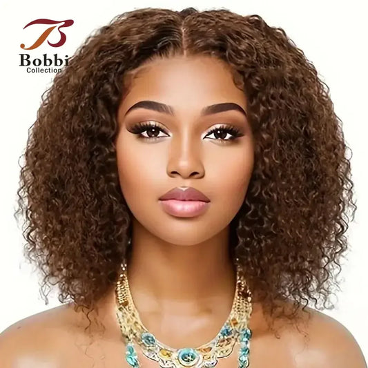 Brown Glueless Lace Front 100% Human Hair Jerry Curl Wig 4x4 Pre-Cut Ready to Wear Go Transparent Lace