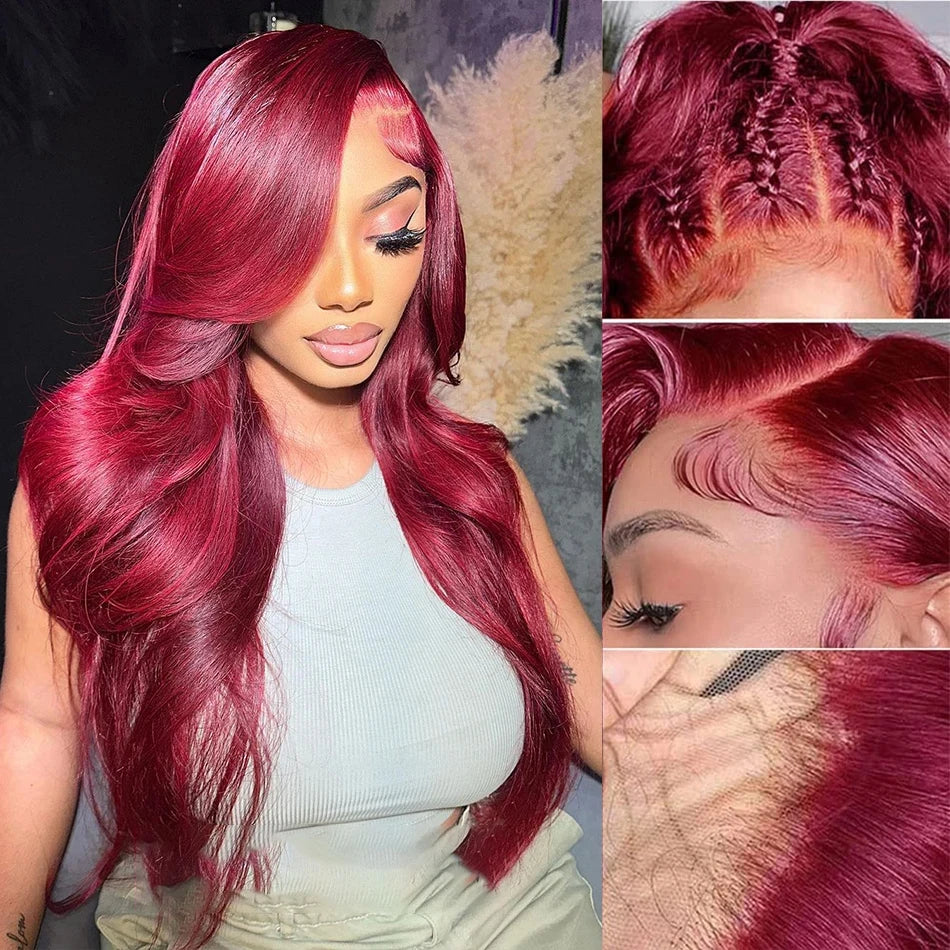 Human Hair Wigs Transparent Colored Body Wave Red Lace Front Wig 4x4 5x5 Closure Wig 99j Burgundy 13x6 Hd Lace Frontal